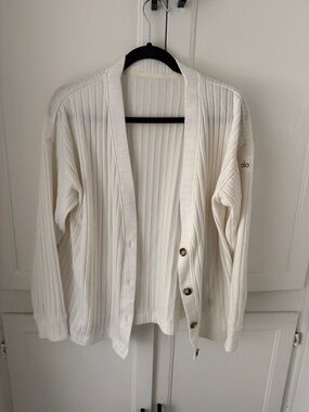 ALO Yoga Cream Ribbed Open-Front Cardigan